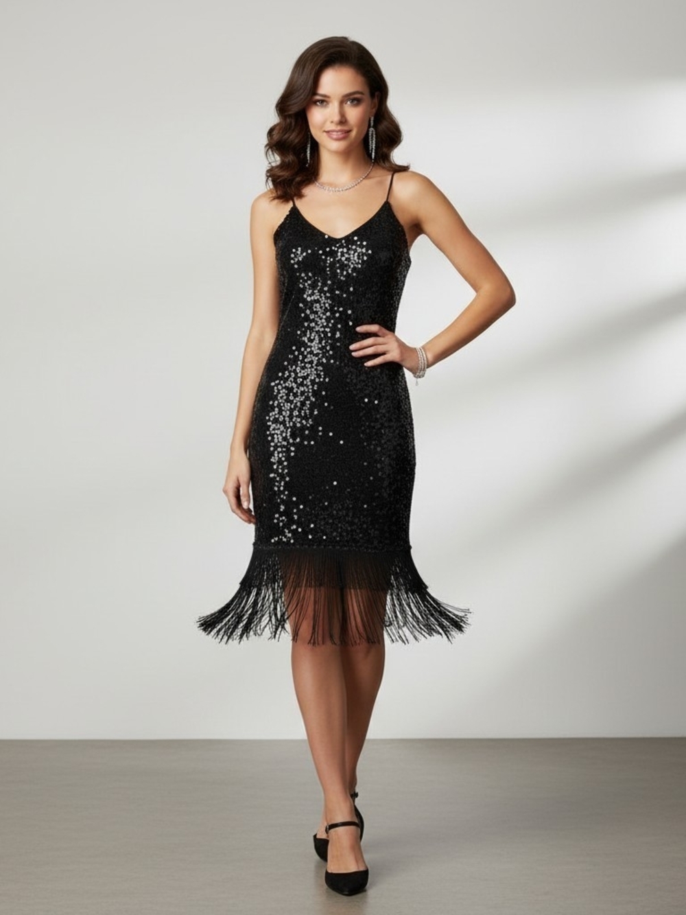 Vintage 90s Alfred Angelo Sequin Flapper Fringe Dress Goth Glam Small